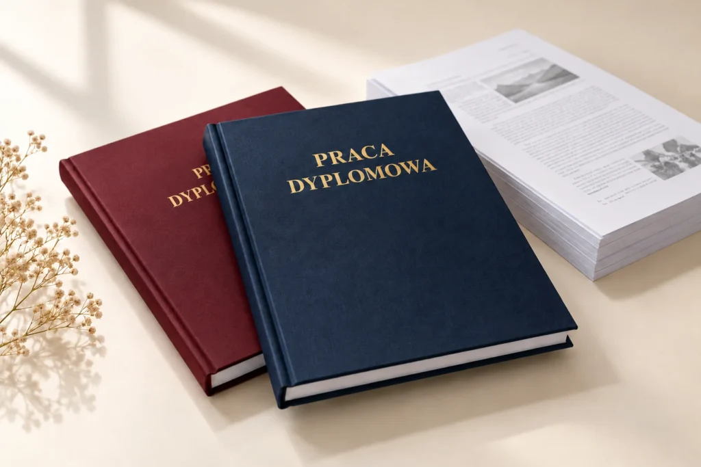 Granatowa i bordowa oprawa ze złotym napisem PRACA DYPLOMOWA