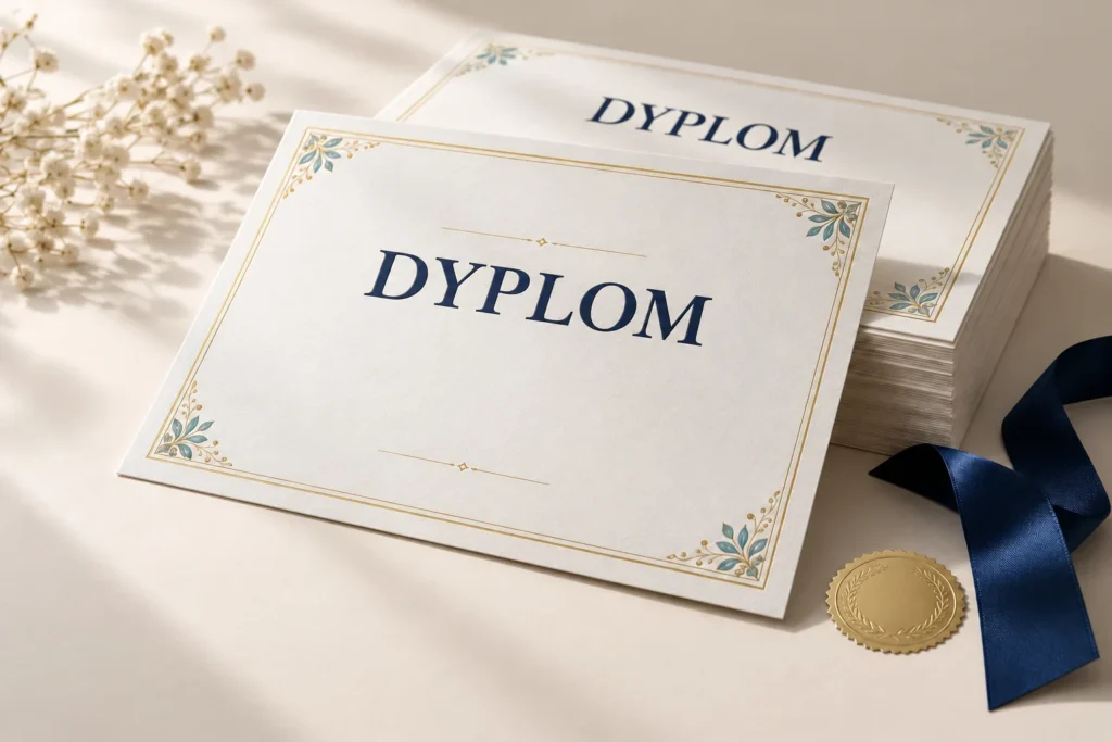 Dyplomy z napisem DYPLOM, ozdobną ramką i złotą pieczęcią
