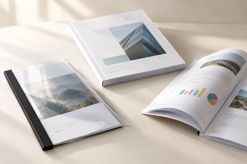 Oprawione dokumenty i otwarty drukowany katalog
